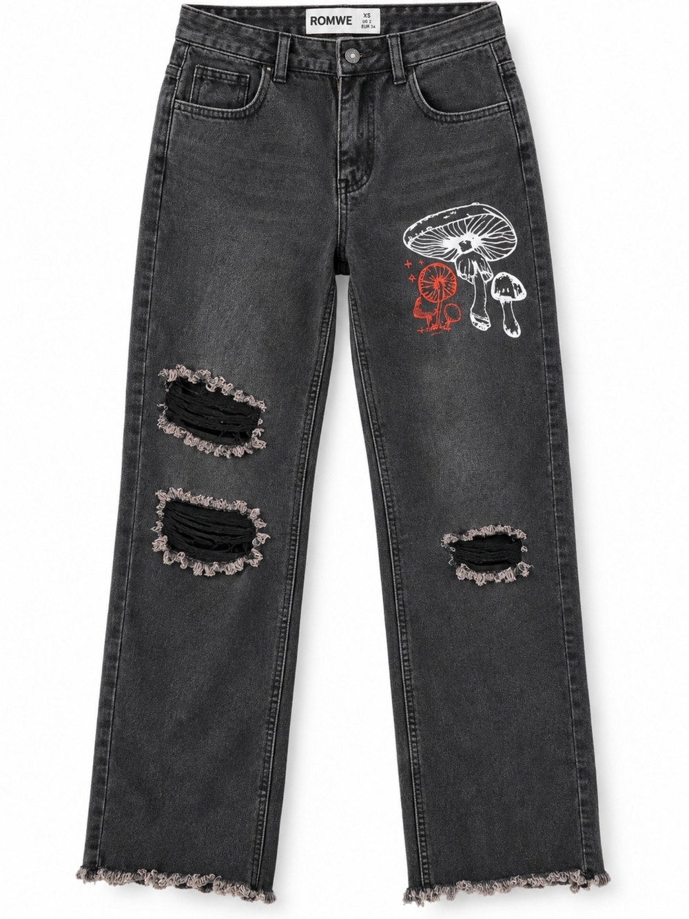ROMWE Black Distressed Straight-Leg Jeans with Mushroom Graphic
